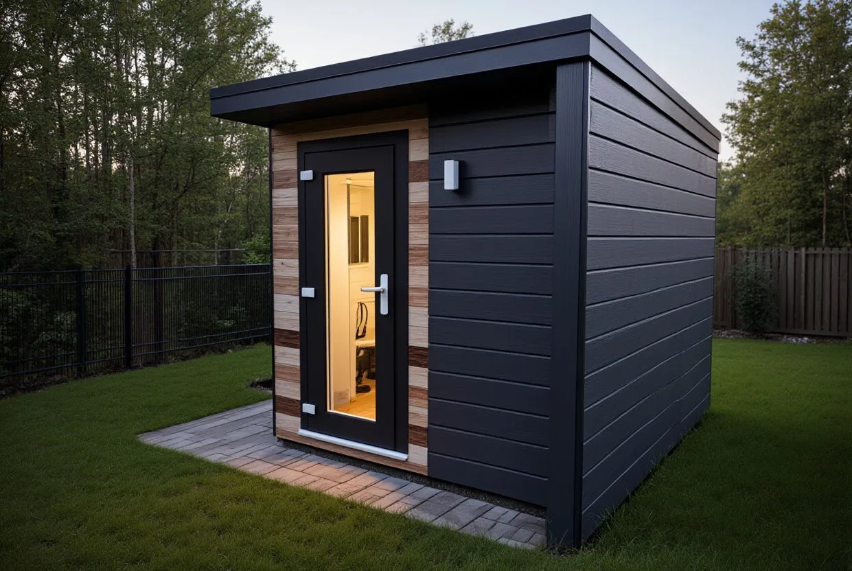 Micro garden office at dusk with the door open