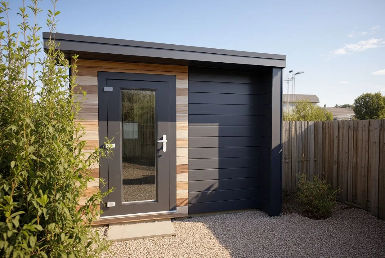 Close-up angled view of the Micro garden office with the door open